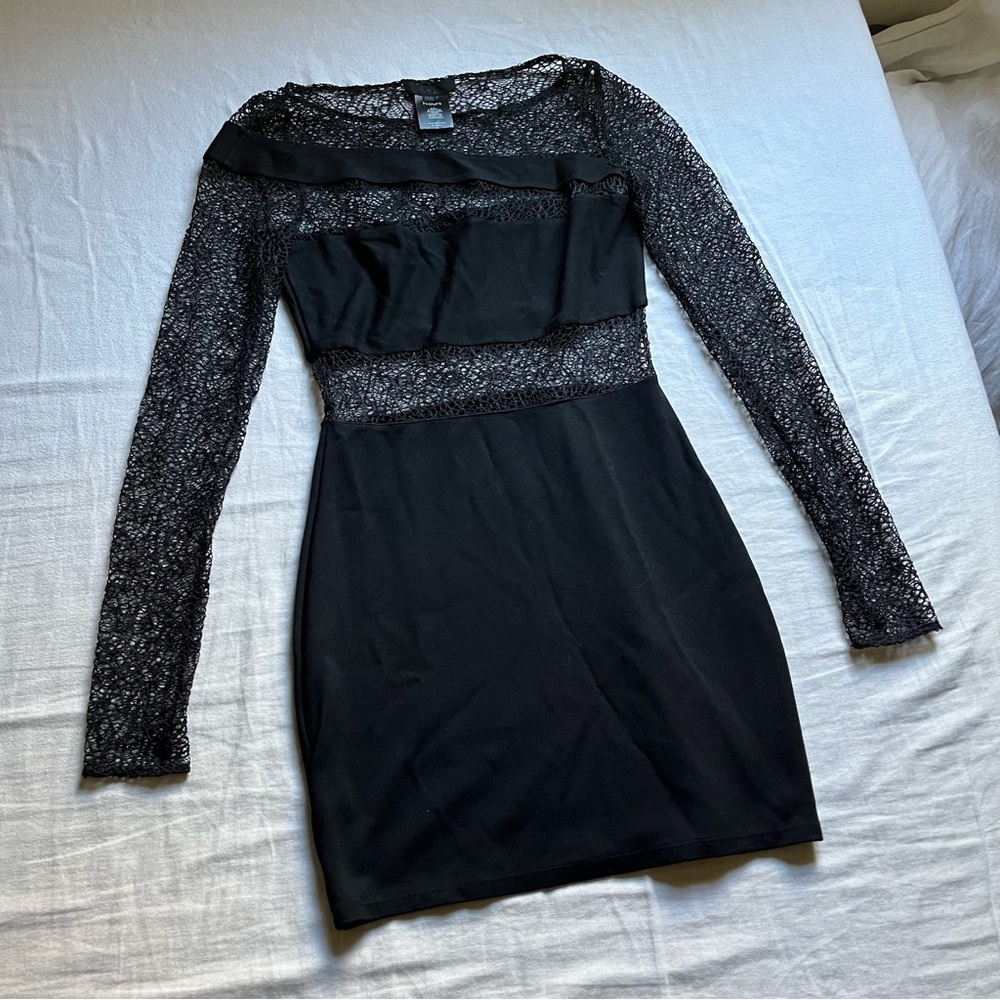 H:ours black knit lace contrast long sleeve mini dress